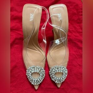 Zara Women's Tan and Clear Embellished Heels